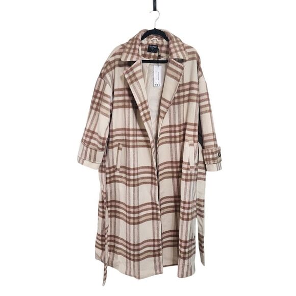 Boohoo coat jacket trench cream tan pink plaid Boho Western Work 12p Nwt - Picture 3 of 6